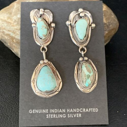 Navajo Blue Dry Creek Turquoise Post Dangle Earrings | Sterling Silver | Authentic Native American Handmade | 13877 - Masha USA