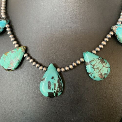 Navajo Teardrop Blue Turquoise Necklace | Sterling Silver Pearls | 20" | Authentic Native American | 13965