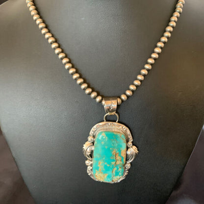 Navajo Pearls Necklace with Blue Royston Turquoise Pendant | Sterling Silver | Native American Handmade | 12289