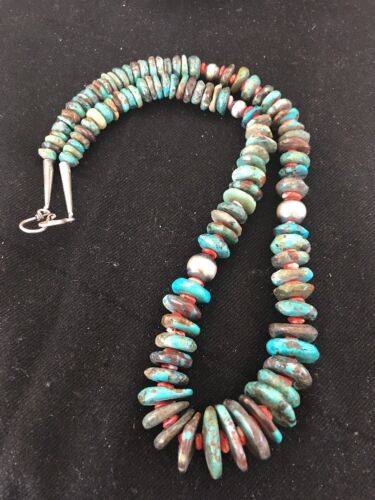 Navajo Blue Turquoise & Spiny Oyster Necklace | Sterling Silver | Authentic Native American | 24" | 202