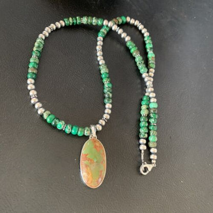 Navajo Pearls Green Turquoise Pendant Necklace | Sterling Silver Beads | Authentic Native American Handmade | 13309