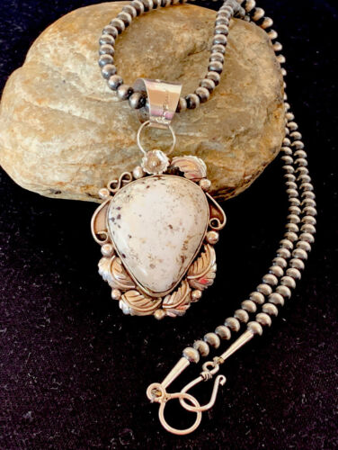 Navajo Pearls Necklace with White Buffalo Turquoise Pendant | Sterling Silver | Authentic Native American Handmade | 349