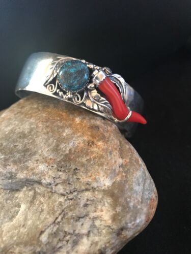 Navajo Spiderweb Turquoise & Coral Bracelet | Sterling Silver | Authentic Native American Handmade | 8366