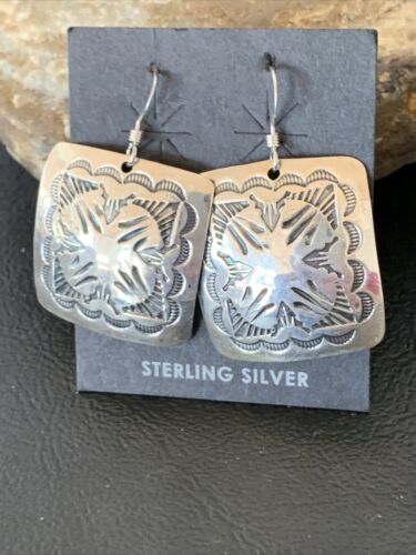 Native American Women's Dangle Earrings | Navajo Sterling Silver Stamped Handmade | 1665