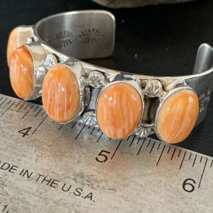 Native American Navajo Orange Spiny Oyster Row Cuff Bracelet | Sterling Silver | 1409