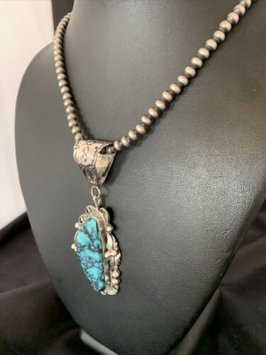 Men's Navajo Blue Spiderweb Turquoise Pendant Necklace | Sterling Silver | Authentic Native American Handmade | 10661