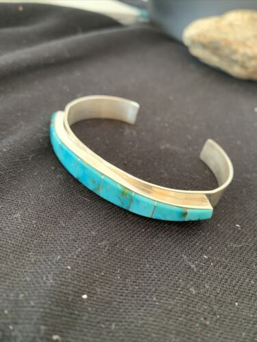 Native American Navajo Blue Turquoise Inlay Bracelet | Sterling Silver | Authentic Handmade | 00986