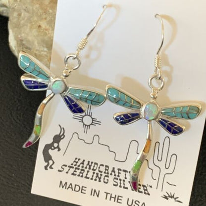 Navajo Dragonfly Turquoise Spiny Opal Inlay Earrings | Sterling Silver | 1" | 12017