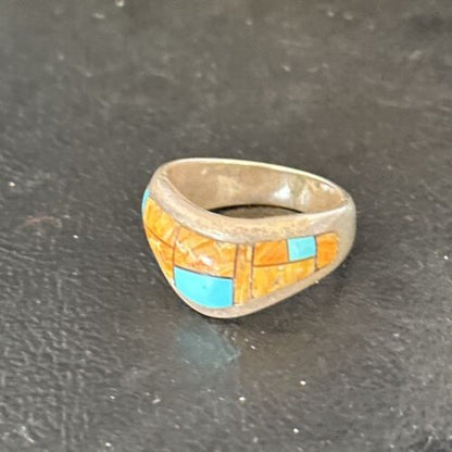 Southwestern Women's Navajo Blue Turquoise Spiny Oyster Inlay Ring | Sz 8 | 14559