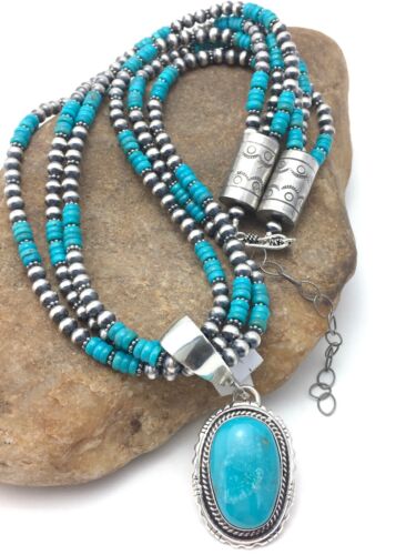 Navajo Pearls Kingman Turquoise Pendant Necklace | Sterling Silver | 3-Strand Set | 21" | 3001