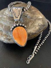 Navajo Orange Spiny Oyster Pendant Necklace | Sterling Silver | Authentic Native American Handmade | 13078