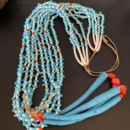 Native American Santo Domingo Blue Turquoise Coral Necklace | 5 Strand Nugget Bead | 34" | 13181