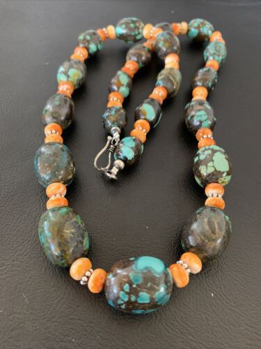Navajo Green Turquoise & Orange Spiny Oyster Necklace | Sterling Silver | 25" | Authentic Native American Handmade | 1849