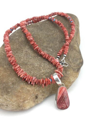 Navajo Spiny Oyster Pendant with Turquoise Pearls | Sterling Silver Necklace | Authentic Native American Handmade | 4890