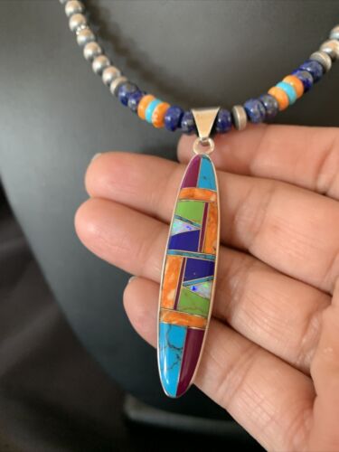 Navajo Sterling Silver Turquoise & Spiny Oyster Inlay Multicolor Necklace Pendant | Authentic Native American Handmade | 11638