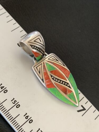 Navajo Pink Coral & Green Gaspeite Inlay Pendant | Sterling Silver | Authentic Native American Handmade | 12483