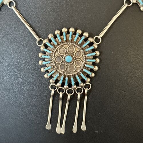 Zuni Kingman Turquoise Needle Point Necklace Pendant Set | Sterling Silver | Authentic Native American Handmade | 14535