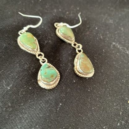 Navajo Green Royston Turquoise Dangle Earrings | Sterling Silver | Authentic Native American Handmade | 1498