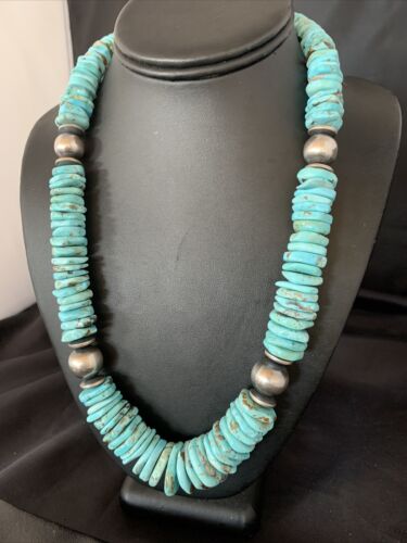 Authentic Native American Navajo Sterling Silver Necklace | Natural Turquoise #8 | Graduated Design | 28" | 13212