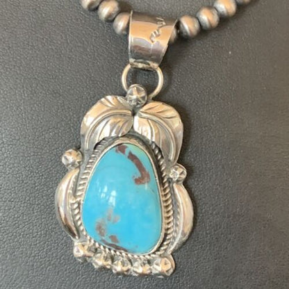 Men's Navajo Pearls Necklace | Sterling Silver Blue Kingman Turquoise Pendant | Native American | 12598