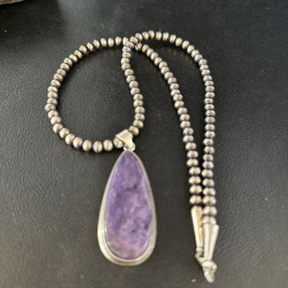 Navajo Pearls Purple Charoite Necklace Pendant | Sterling Silver | Authentic Native American Handmade | 14465