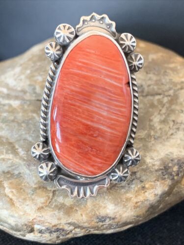 Southwestern Women's Navajo Red Spiny Oyster Ring | Sterling Silver | Sz 10 | Authentic Native American Handmade | 1005