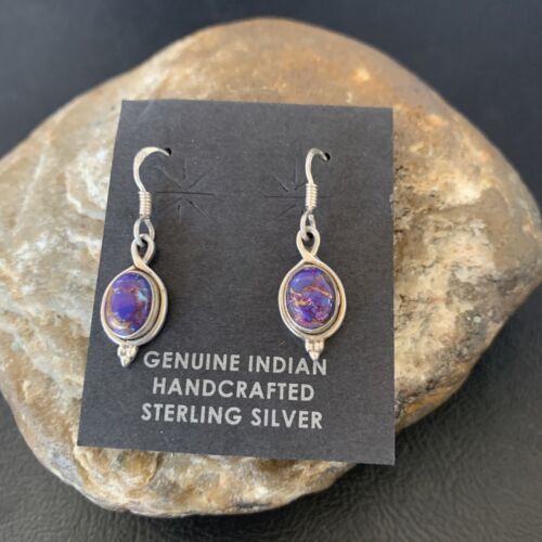 Navajo Purple Turquoise Dangle Inlay Earrings | Sterling Silver | Authentic Native American Handmade | 12683