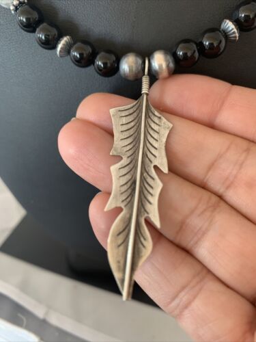 Navajo Feather Pendant | Black Onyx & Howlite | Sterling Silver Necklace | Authentic Native American Handmade | 01101