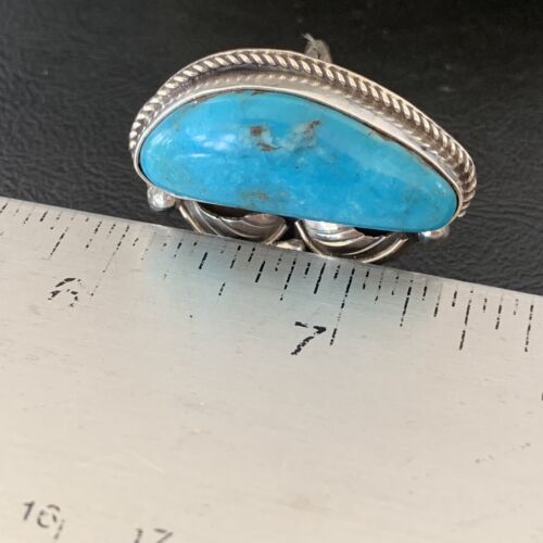 Navajo Blue Kingman Turquoise Ring | Sterling Silver Feather | Sz 7.5 | Authentic Native American Handmade | 10851