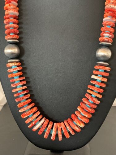 Red Spiny Oyster & Blue Turquoise Graduated Necklace | Sterling Silver | Authentic Native American | 25" | 13712
