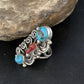 Navajo Kingman Turquoise Coral Ring | Authentic Native American Sterling Silver | Multi-Stone | Sz 8 | 14129