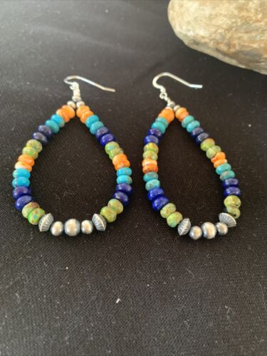 Navajo Sterling Silver Bead Earrings | Spiny, Turquoise & Lapis Dangle | Authentic Native American Handmade | 1413