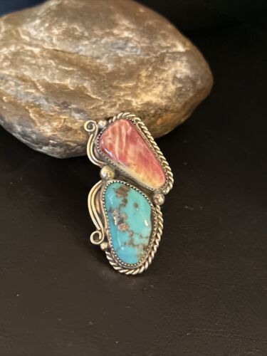 Navajo Turquoise Spiny Oyster Multi-Stone Ring | Authentic Native American Sterling Silver | Sz 10 | 14493