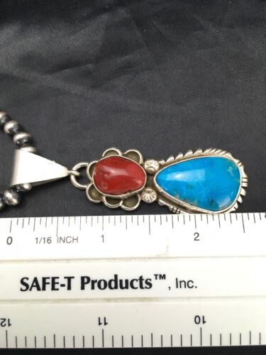 Navajo Turquoise & Coral Pendant Necklace | Sterling Silver | Authentic Native American Handmade | 2580