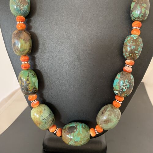 Navajo Green Turquoise & Orange Spiny Oyster Necklace | Sterling Silver | 23" | Authentic Native American Handmade | 1847