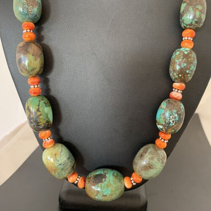 Navajo Green Turquoise & Orange Spiny Oyster Necklace | Sterling Silver | 23" | Authentic Native American Handmade | 1847