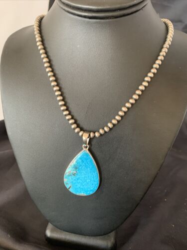 Navajo Pearls Blue Kingman Turquoise Necklace Pendant | Sterling Silver | Authentic Native American Handmade | 11809
