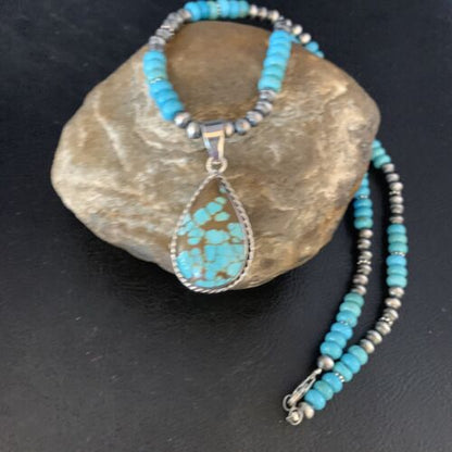 Navajo Blue Turquoise Pendant Necklace | Sterling Silver | Authentic Native American Handmade | 13827