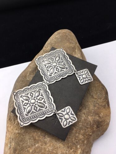 Native American Navajo Stamped Earrings Set | Sterling Silver | 2.75" | 1704