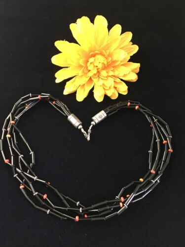 Navajo Black Onyx Coral Turquoise Bead Necklace | 5 Strand Sterling Silver | 19" | 10038