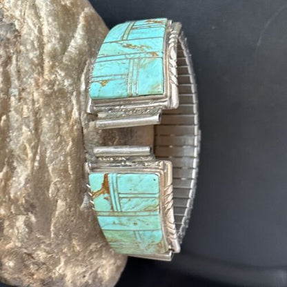 Authentic Navajo Men's Wristwatch | Blue Turquoise Inlay | Sterling Silver Tips | Native American Jewelry | 14395