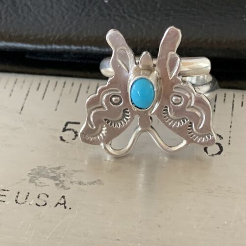 Navajo Blue Turquoise Butterfly Ring | Sterling Silver | Sz Adj 7 | Authentic Native American Handmade | 10677