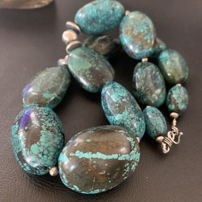 Chunky Navajo Pearl Graduated Turquoise Necklace | Sterling Silver | Authentic Native American Jewelry | 21" | 11904