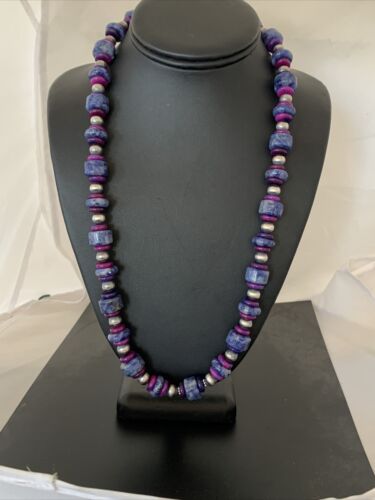 Men's Navajo | Denim Lapis Sugilite Beads Necklace | Sterling Silver | Authentic Native American Handmade | 20" | 10182