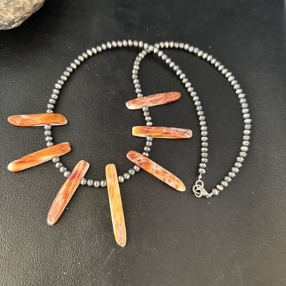 Navajo Orange Spiny Oyster Stick Bead Necklace | Sterling Silver | 20" | Authentic Native American Handmade | 14320