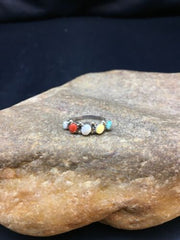 Southwestern Zuni Multi-Stone Ring | Blue Opal Coral Turquoise | Authentic Native American Sterling Silver | Multi-Stone | Sz 5.5 | 9000
