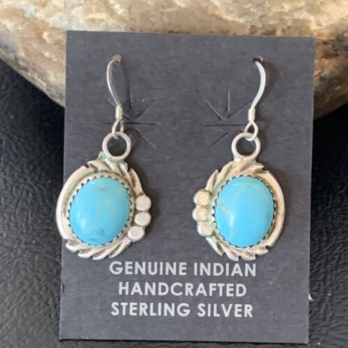 Navajo Blue Turquoise Dangle Drop Earrings | Sterling Silver | 1" | Authentic Native American Handmade | 12746