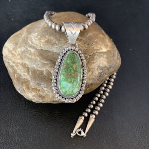 Men's Green Sonoran Gold Turquoise Pendant Necklace | Navajo Sterling Silver | Authentic Native American | 14006