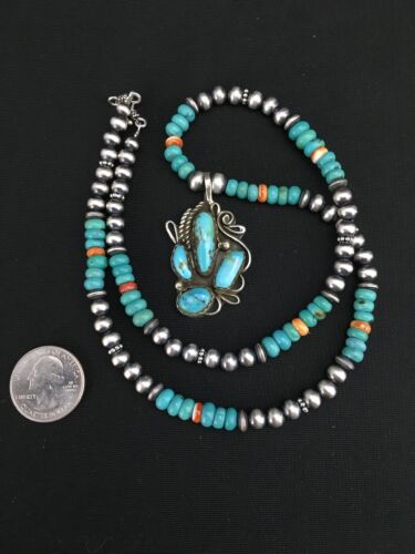 Navajo Blue Turquoise and Spiny Oyster Multi-Stone Pendant Necklace | Authentic Native American Sterling Silver | 21" | 4886 - Masha USA