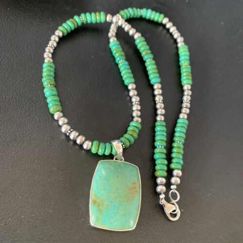 Navajo Green Turquoise Pendant Necklace | Sterling Silver Beads | Authentic Native American Handmade | 13304